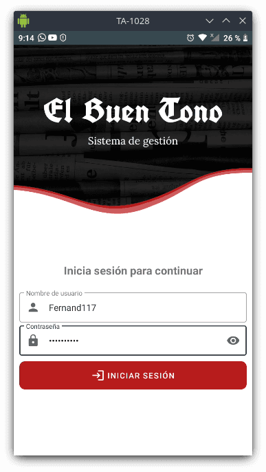 Pantalla de acceso de la aplicación El Buen Tono App