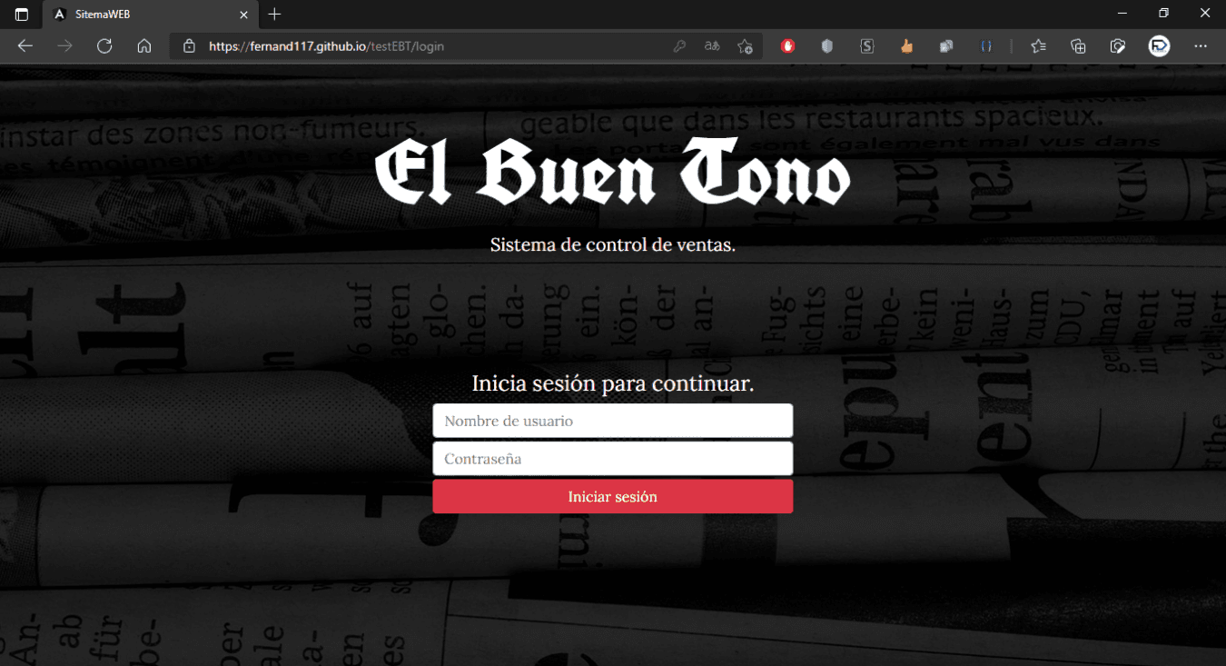 Interfaz del sistema de gestión de El Buen Tono
