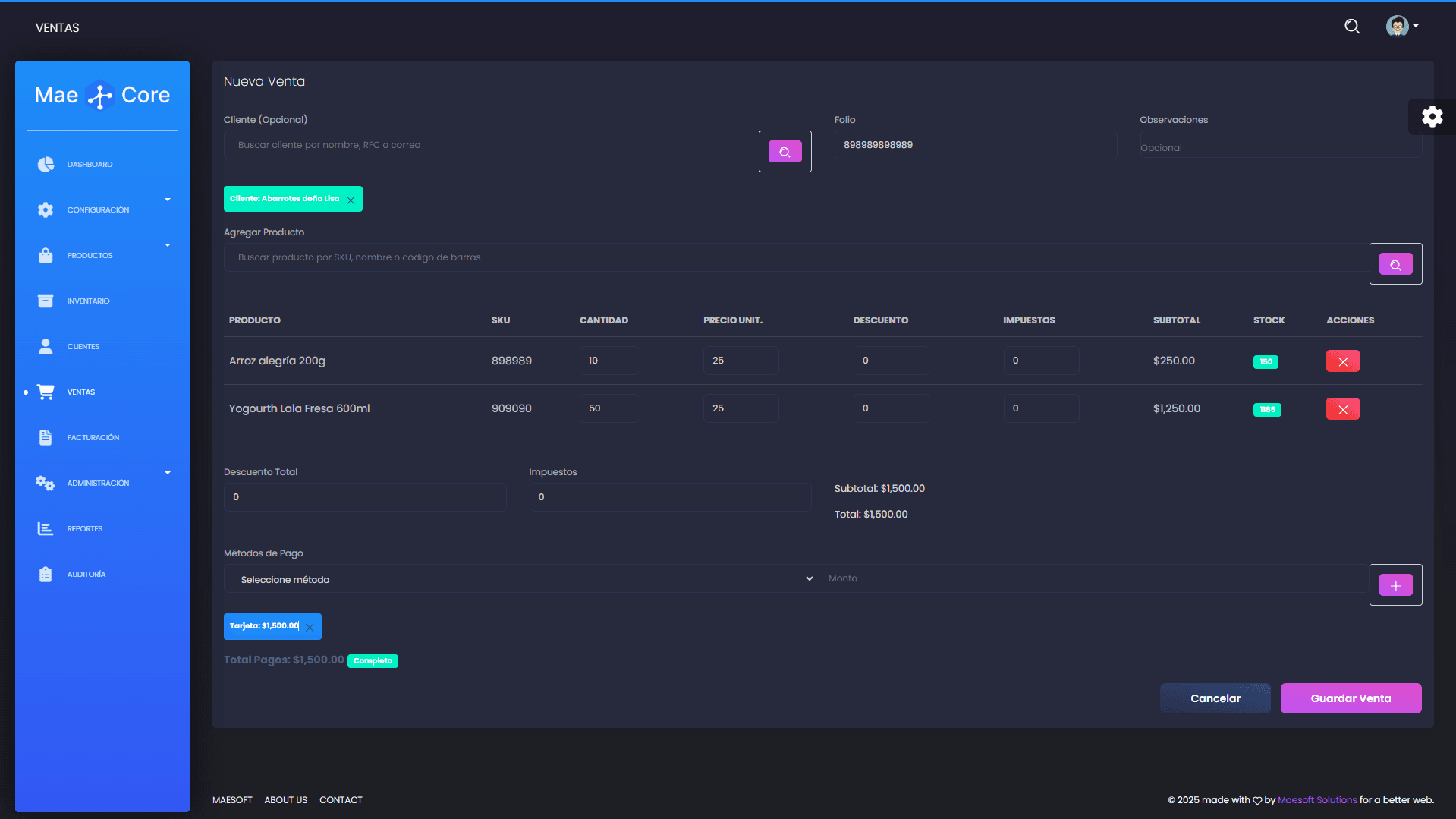 Configuración de una venta en MaeCore